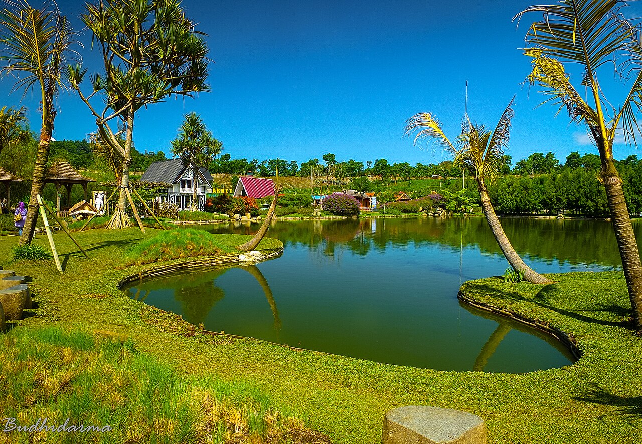 Scenic botanical gardens, palm trees, and Situ Umar lake at Floating Market Lembang