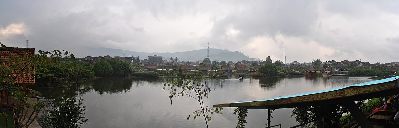 Panoramic view of Floating Market Lembang and Situ Umar lake from the footbridge