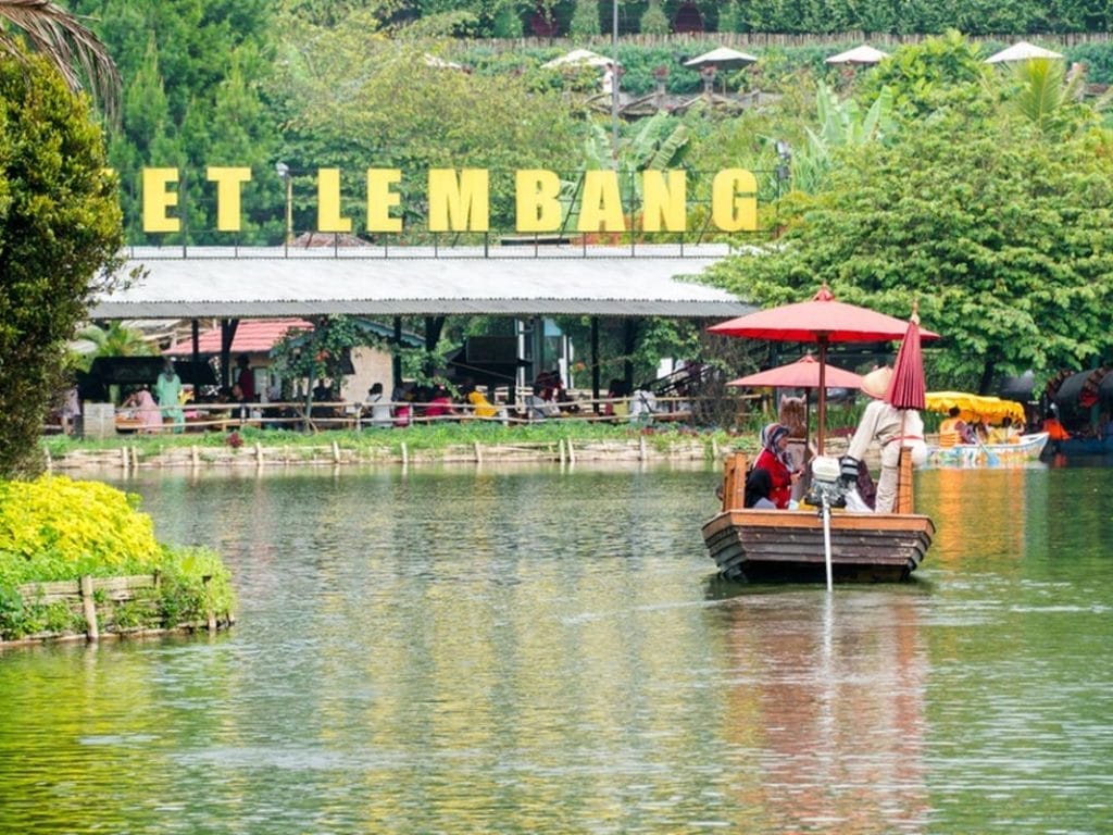 Floating Market Lembang landmark hillside sign and lake boat