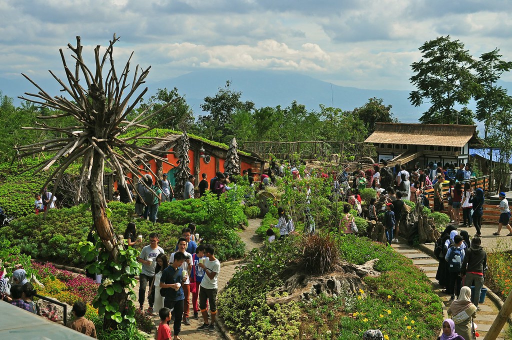 Panoramic view of Farm House Susu Lembang with the iconic Hobbit House, timber tree sculpture, visitors enjoying fresh milk, and cool green Lembang hills