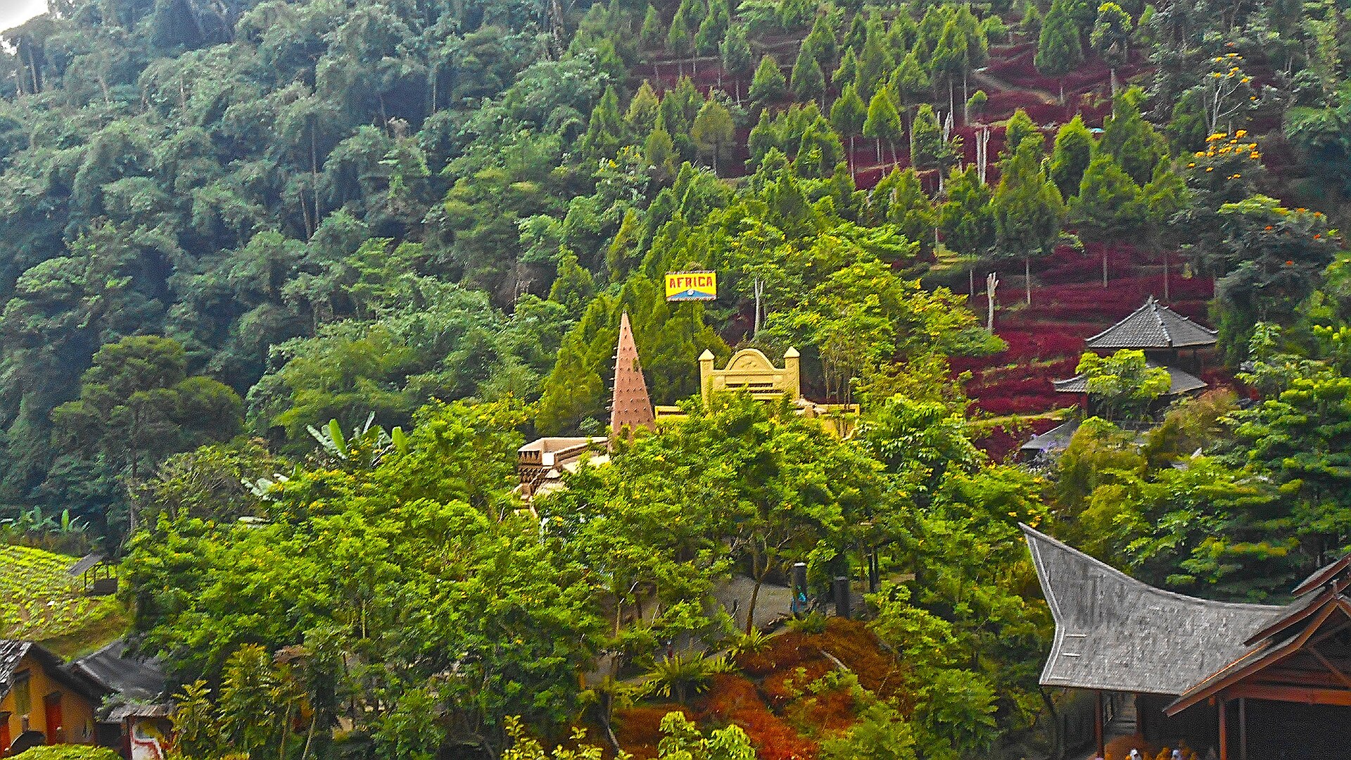 Terraced African safari hillside village and cultural pavilions at The Great Asia Africa Lembang