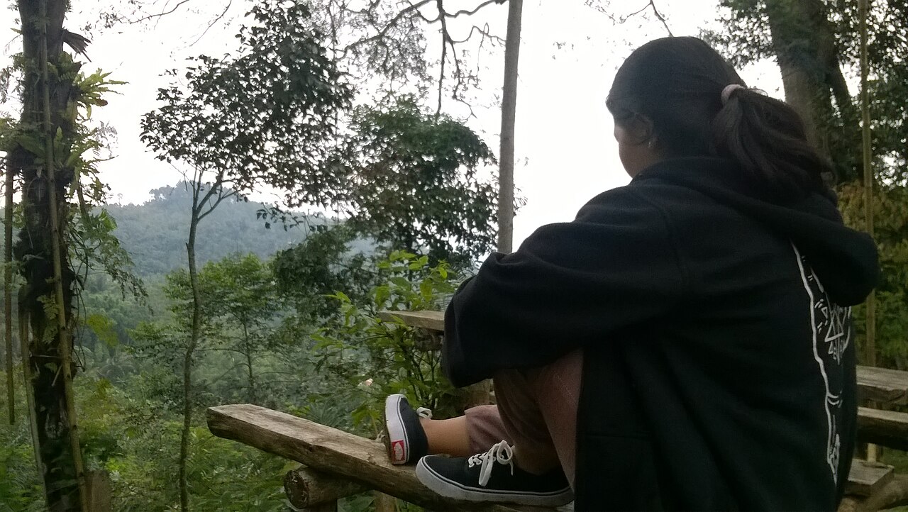 Elevated archaeological stone terraces overlooking Cianjur valleys at Gunung Padang