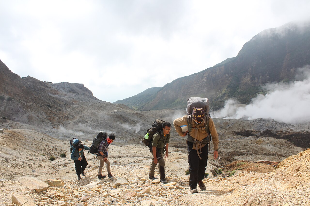 Active golden volcanic crater (Kawah Mas) with steaming sulphur vents at Papandayan